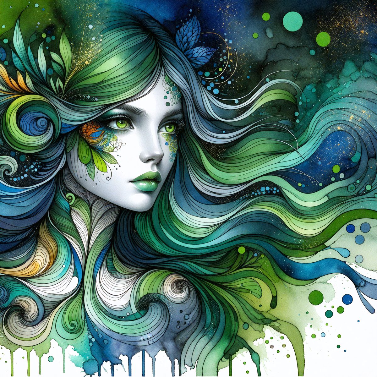 The primary subject of the image is a woman with long, flowing hair. She is depicted with a green hue, giving her a unique and vibrant appearance. The setting is a colorful, artistic background that complements the woman's green hair. The visual style is a combination of digital art and illustration, creating a striking and eye-catching image. The colors and mood of the image are lively and energetic, with the woman's green hair being the focal point of the scene.